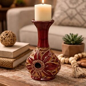 African‎ Red And Tan Candle Holder Sculpture